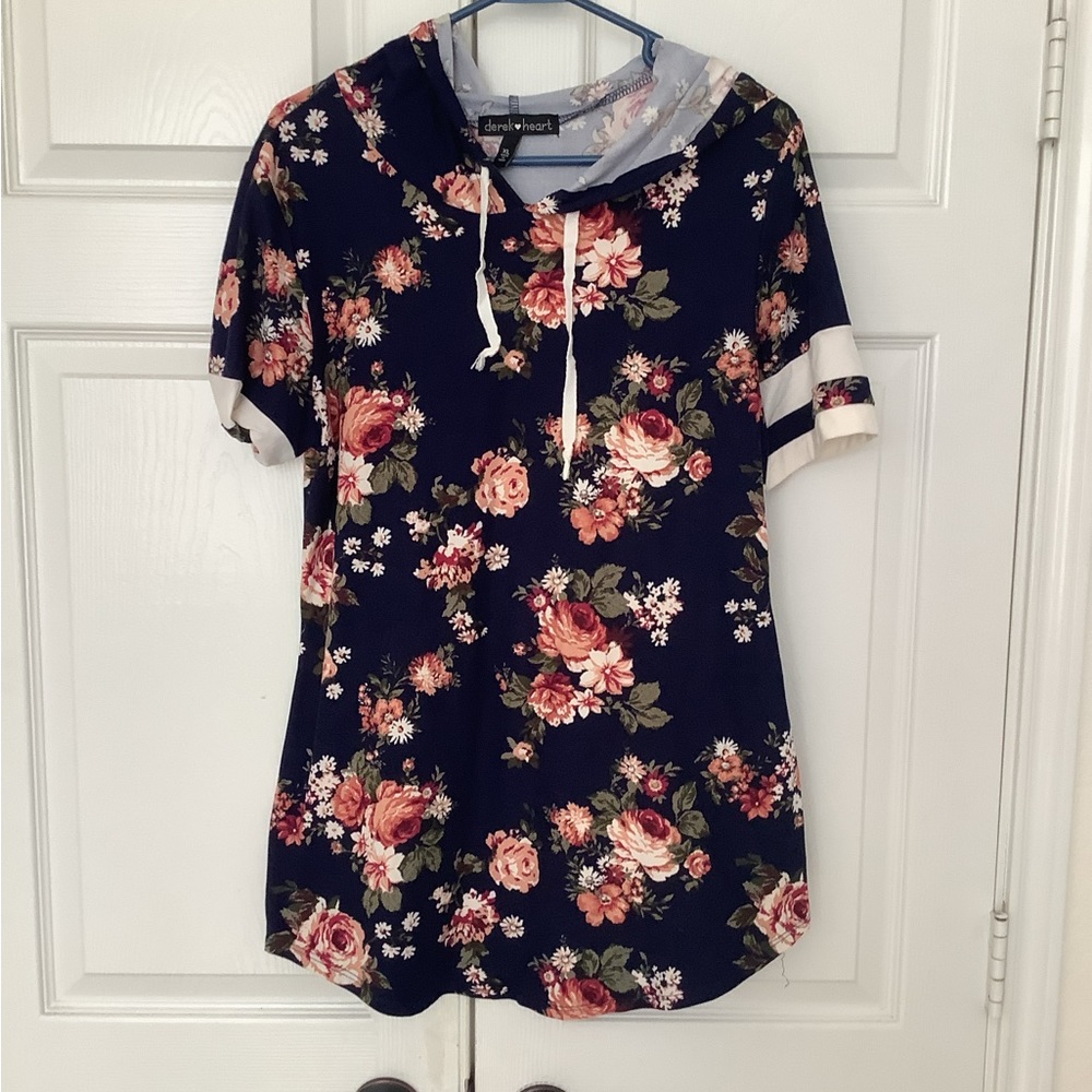 Derek Heart Navy Floral Hooded Tee Tunic Super Soft Stretch XL